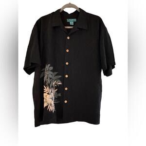Paradise Blue Men's Black Button Front Silk Hawaiian Shirt, size L